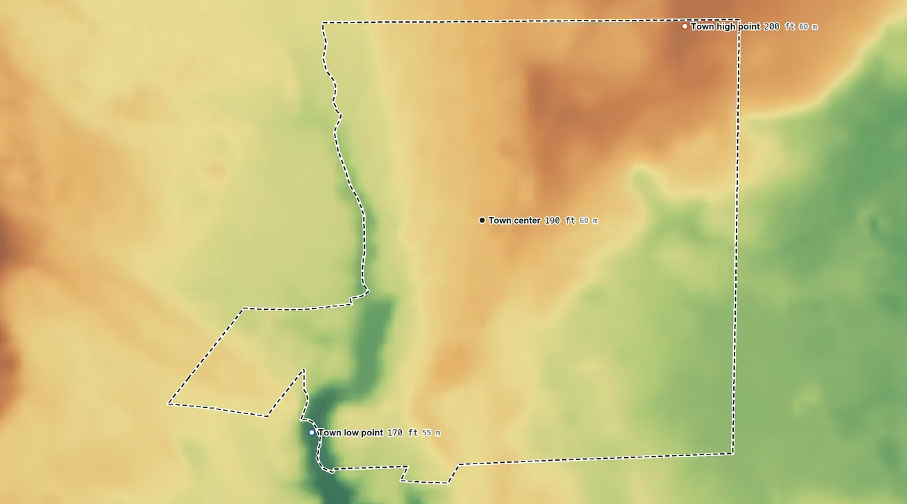 Topographic elevation map of Pinewood, South Carolina, shaded from 170 ft on the southwest side to 200 ft on the northeast side