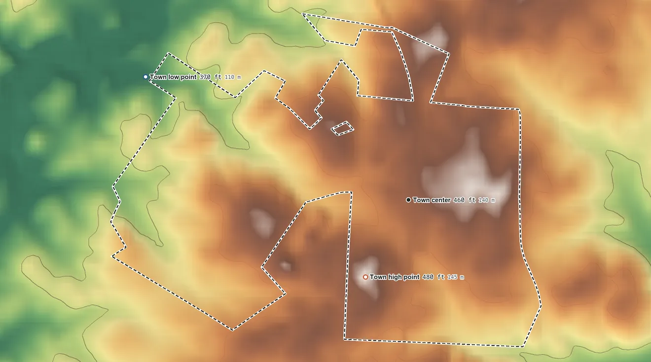 Topographic elevation map of Plum Branch, South Carolina, shaded from 370 ft on the northwest side to 480 ft on the southwest side