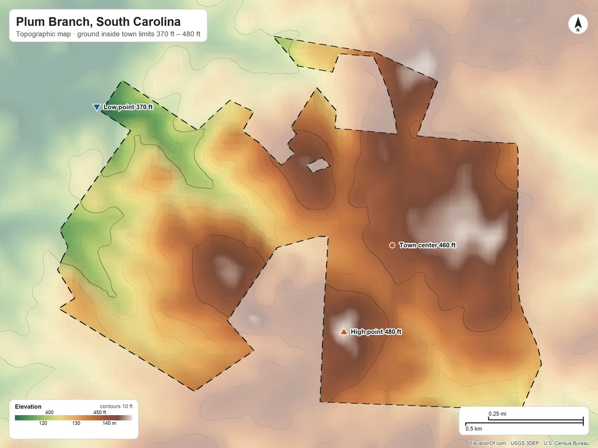 Topographic elevation map of Plum Branch, South Carolina, shaded from 370 ft on the northwest side to 480 ft on the southwest side