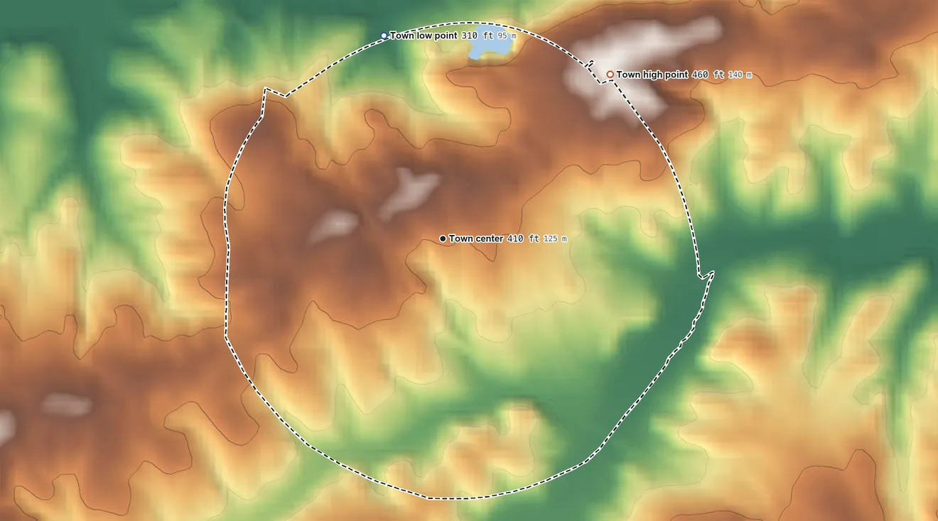 Topographic elevation map of Pomaria, South Carolina, shaded from 310 ft on the north side to 460 ft on the northeast side
