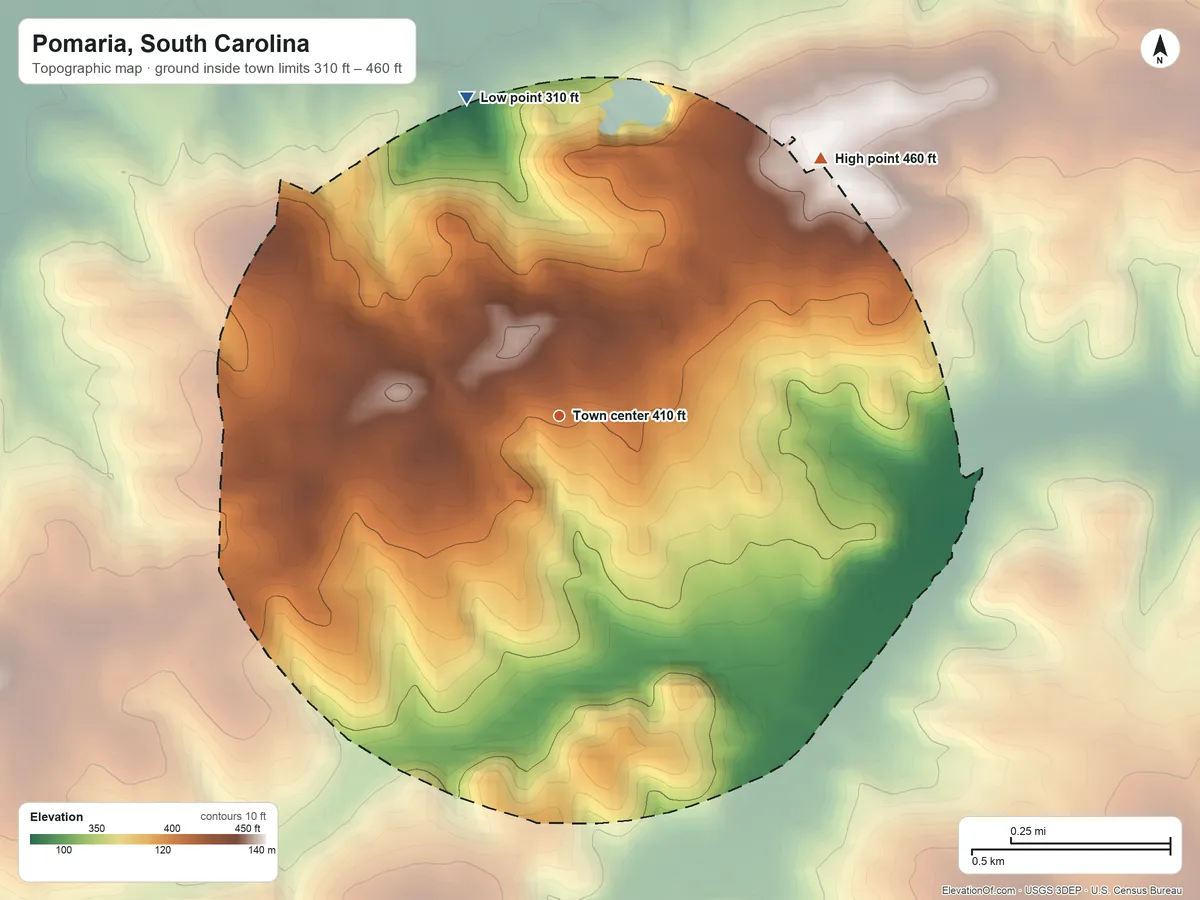 Topographic elevation map of Pomaria, South Carolina, shaded from 310 ft on the north side to 460 ft on the northeast side
