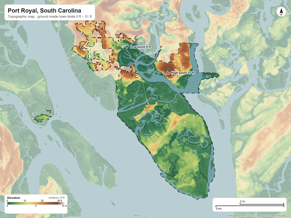 Topographic elevation map of Port Royal, South Carolina, shaded from 0 ft on the northwest side to 31 ft near the middle