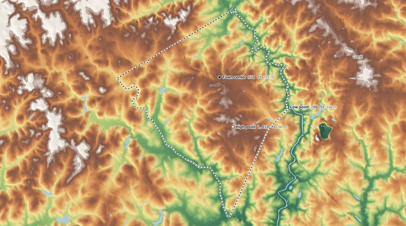 Topographic elevation map of Powdersville, South Carolina, shaded from 780 ft on the southeast side to 1,010 ft on the south side