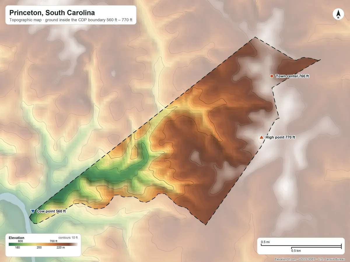 Topographic elevation map of Princeton, South Carolina, shaded from 560 ft on the southwest side to 770 ft on the south side