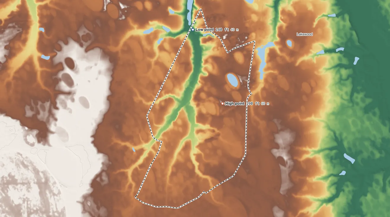 Topographic elevation map of Privateer, South Carolina, shaded from 140 ft on the north side to 190 ft near the middle