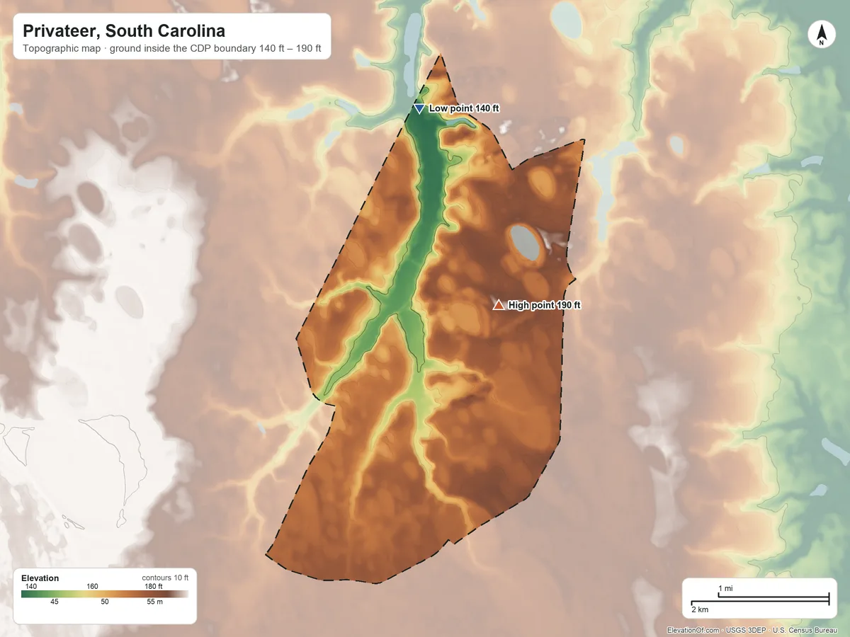 Topographic elevation map of Privateer, South Carolina, shaded from 140 ft on the north side to 190 ft near the middle