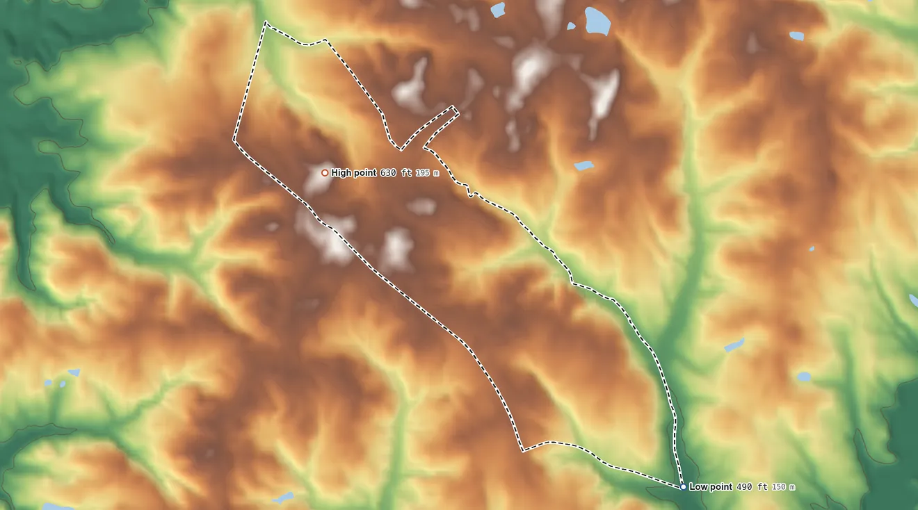 Topographic elevation map of Promised Land, South Carolina, shaded from 490 ft on the southeast side to 630 ft on the northwest side