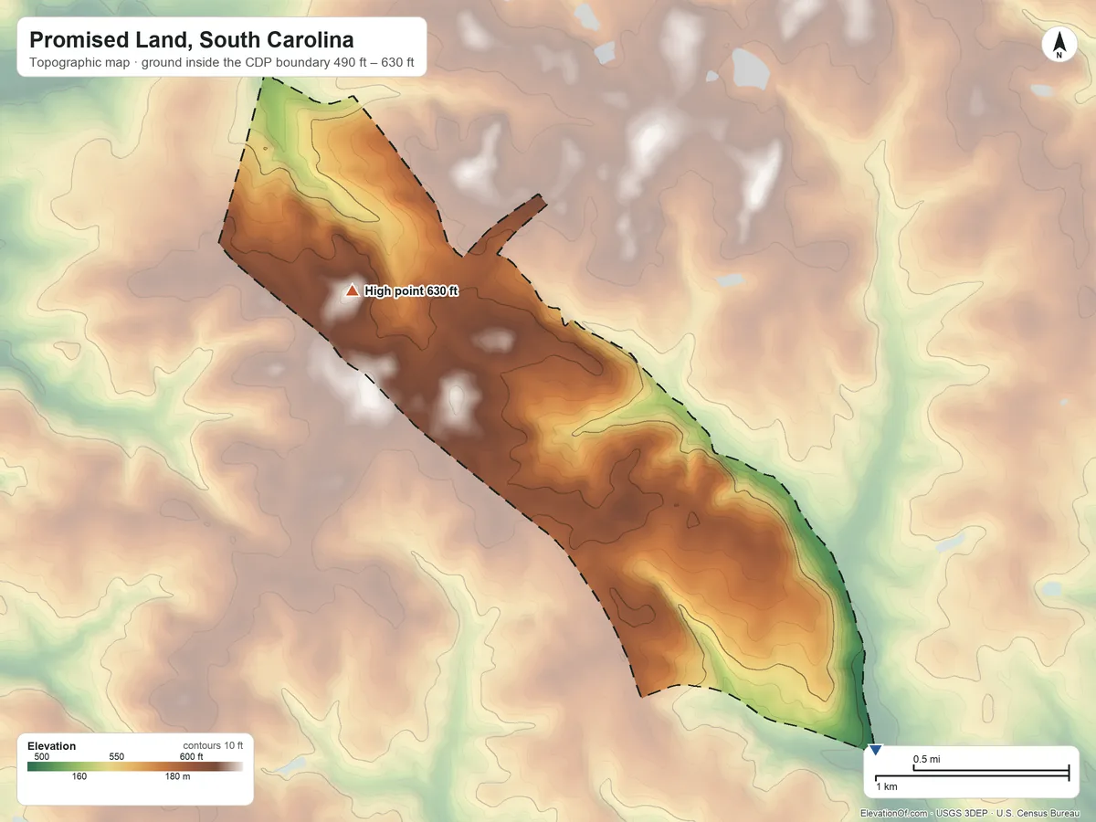 Topographic elevation map of Promised Land, South Carolina, shaded from 490 ft on the southeast side to 630 ft on the northwest side