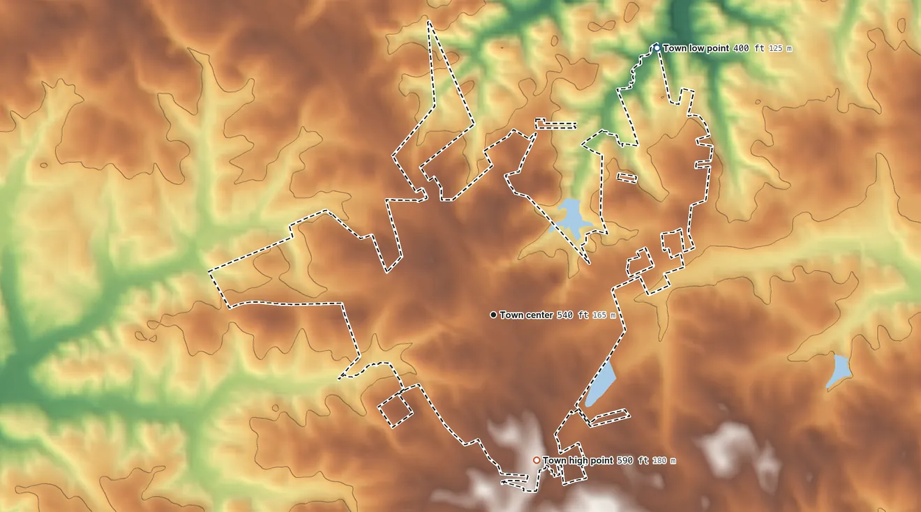 Topographic elevation map of Prosperity, South Carolina, shaded from 400 ft on the northeast side to 590 ft on the south side