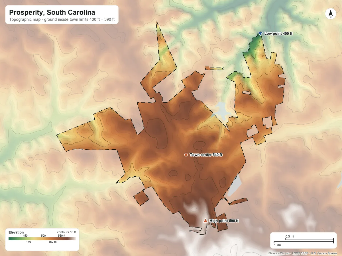 Topographic elevation map of Prosperity, South Carolina, shaded from 400 ft on the northeast side to 590 ft on the south side