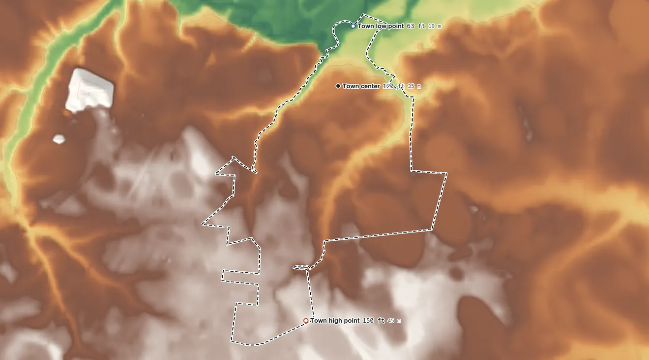 Topographic elevation map of Quinby, South Carolina, shaded from 63 ft on the north side to 150 ft on the south side
