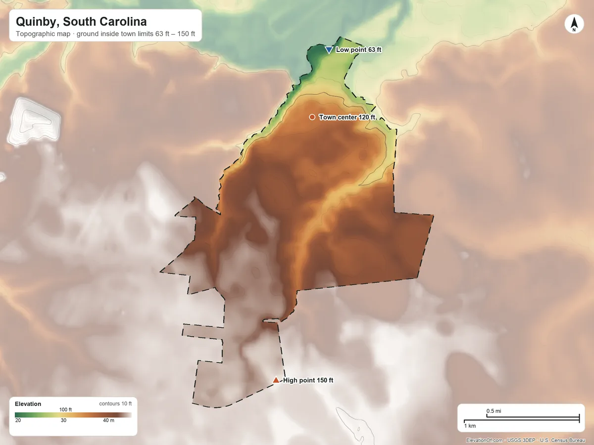 Topographic elevation map of Quinby, South Carolina, shaded from 63 ft on the north side to 150 ft on the south side
