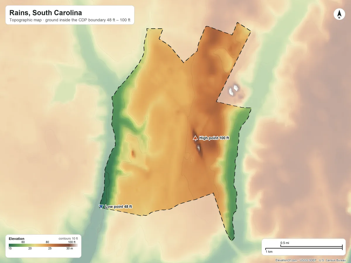 Topographic elevation map of Rains, South Carolina, shaded from 48 ft on the southwest side to 100 ft near the middle