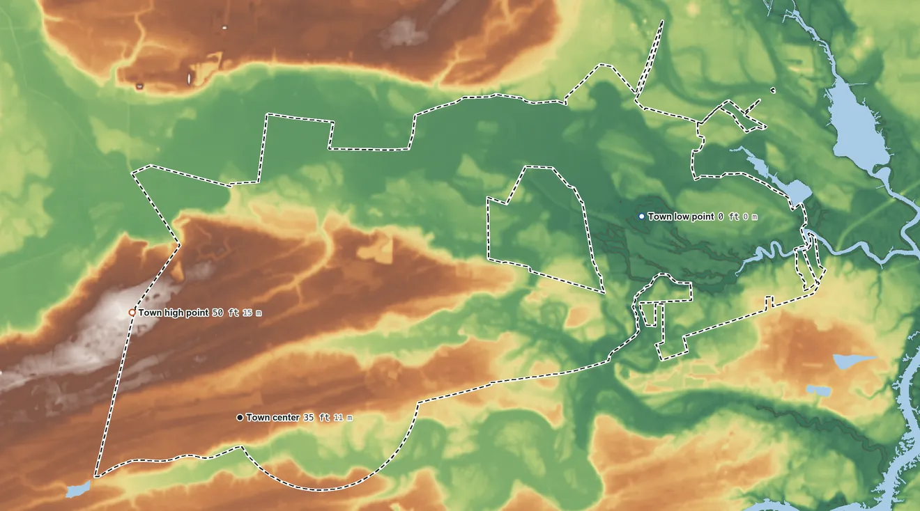 Topographic elevation map of Ravenel, South Carolina, shaded from 0 ft on the northeast side to 50 ft on the northwest side
