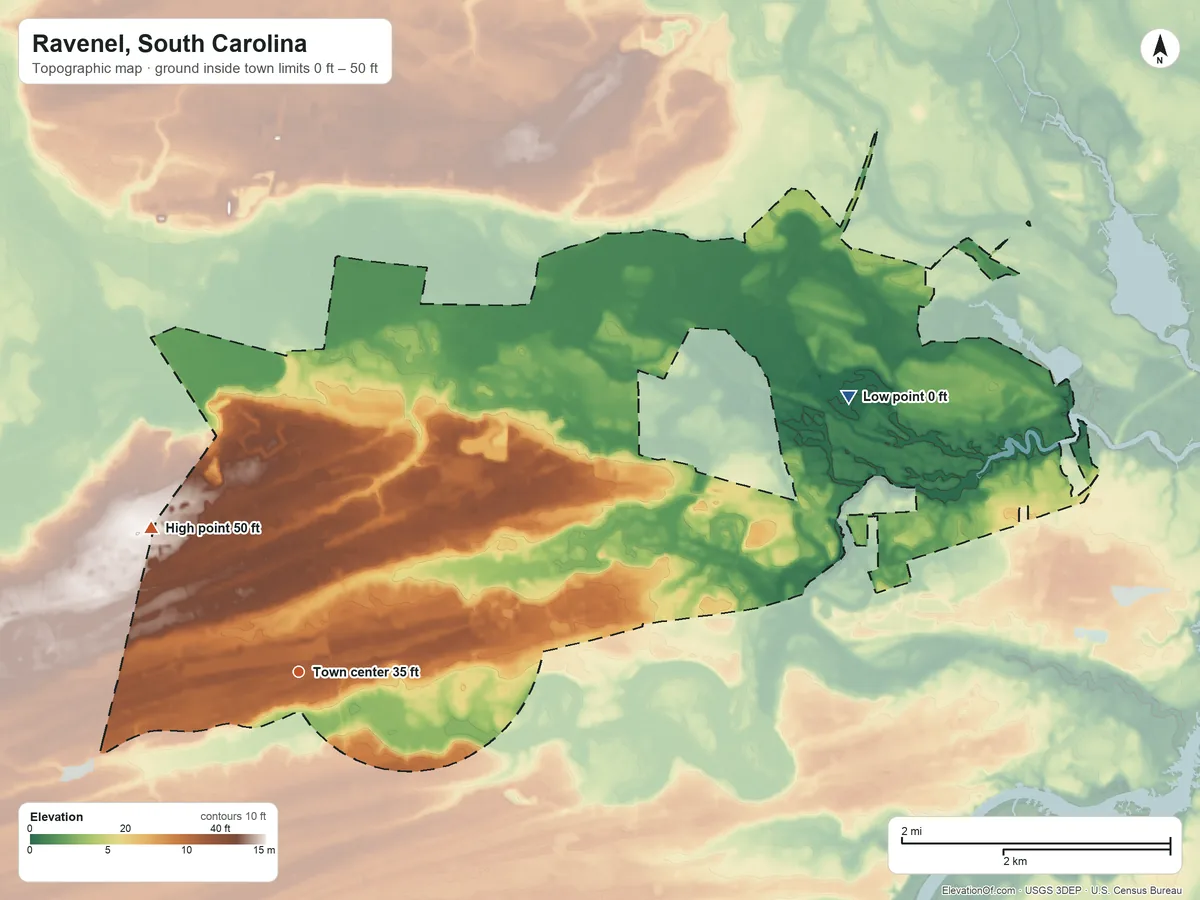 Topographic elevation map of Ravenel, South Carolina, shaded from 0 ft on the northeast side to 50 ft on the northwest side