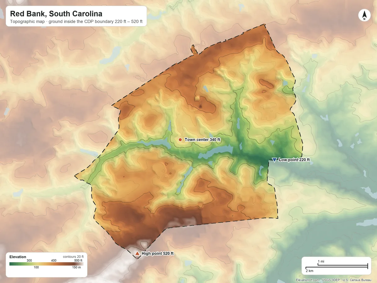 Topographic elevation map of Red Bank, South Carolina, shaded from 220 ft on the east side to 520 ft on the south side