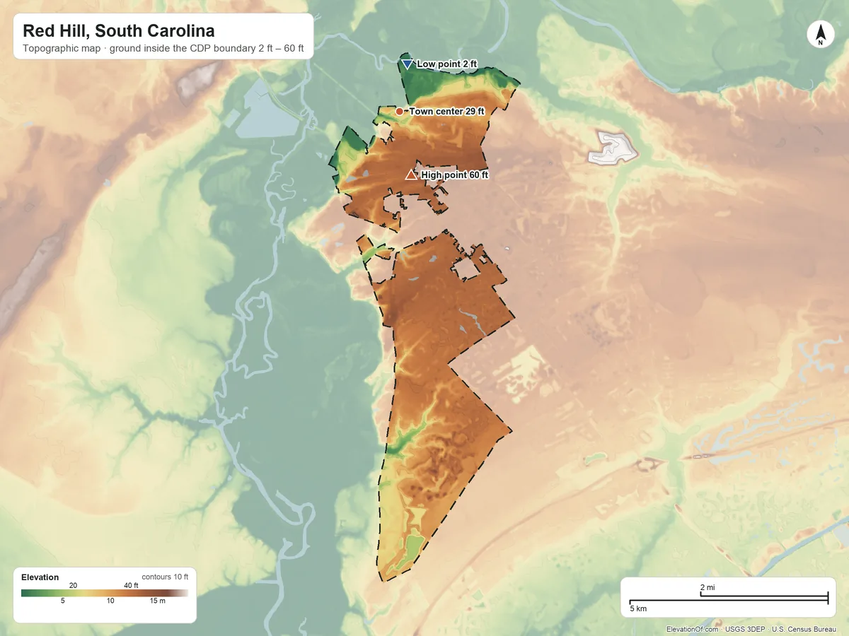 Topographic elevation map of Red Hill, South Carolina, shaded from 2 ft near the middle to 60 ft on the south side