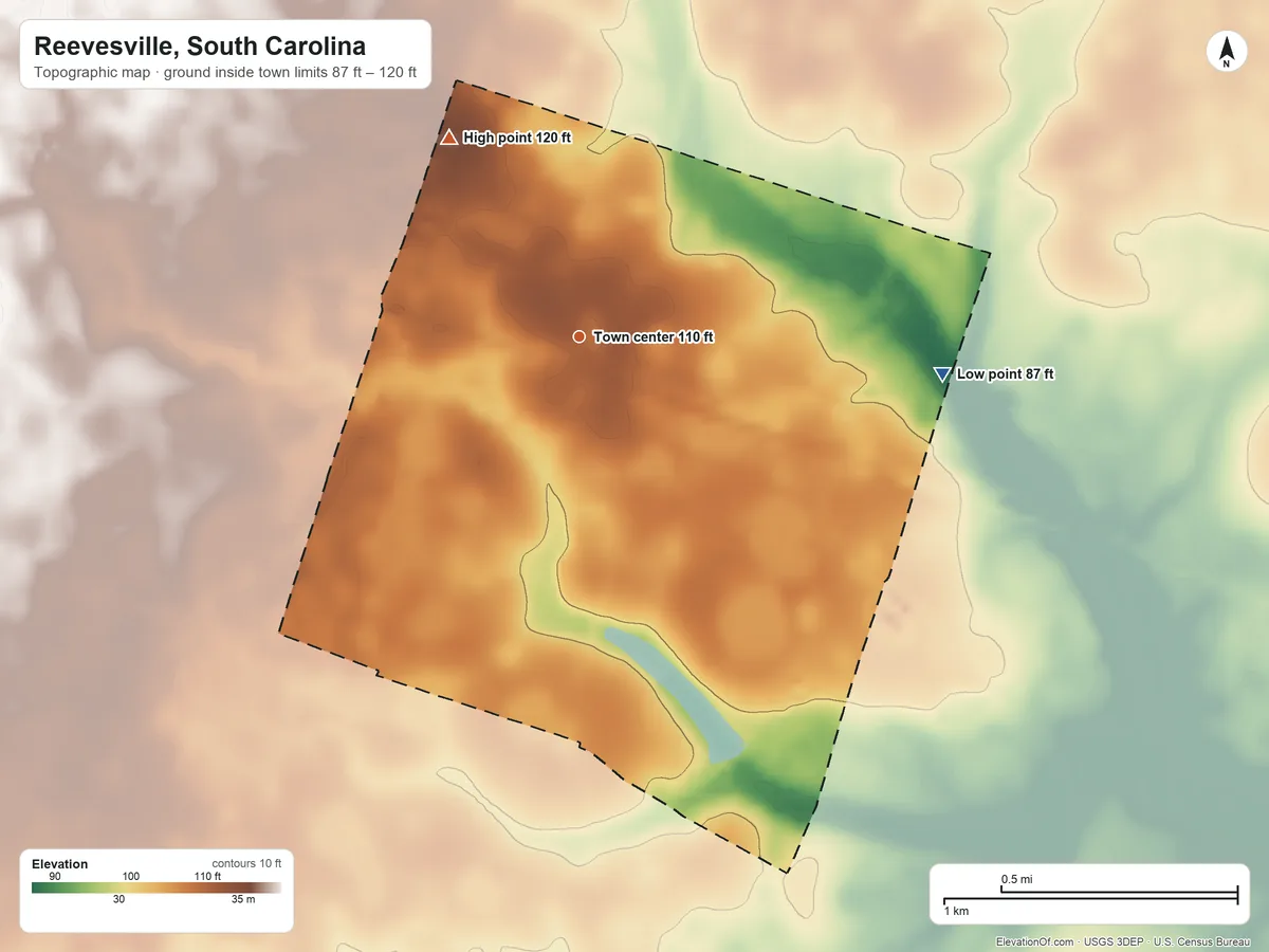 Topographic elevation map of Reevesville, South Carolina, shaded from 87 ft on the east side to 120 ft on the northwest side