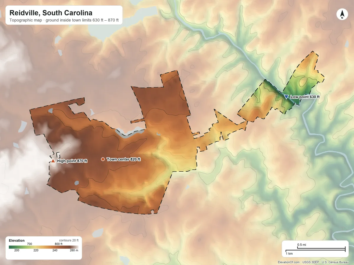 Topographic elevation map of Reidville, South Carolina, shaded from 630 ft on the east side to 870 ft on the west side