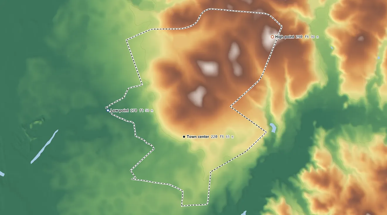 Topographic elevation map of Rembert, South Carolina, shaded from 170 ft on the west side to 290 ft on the northeast side