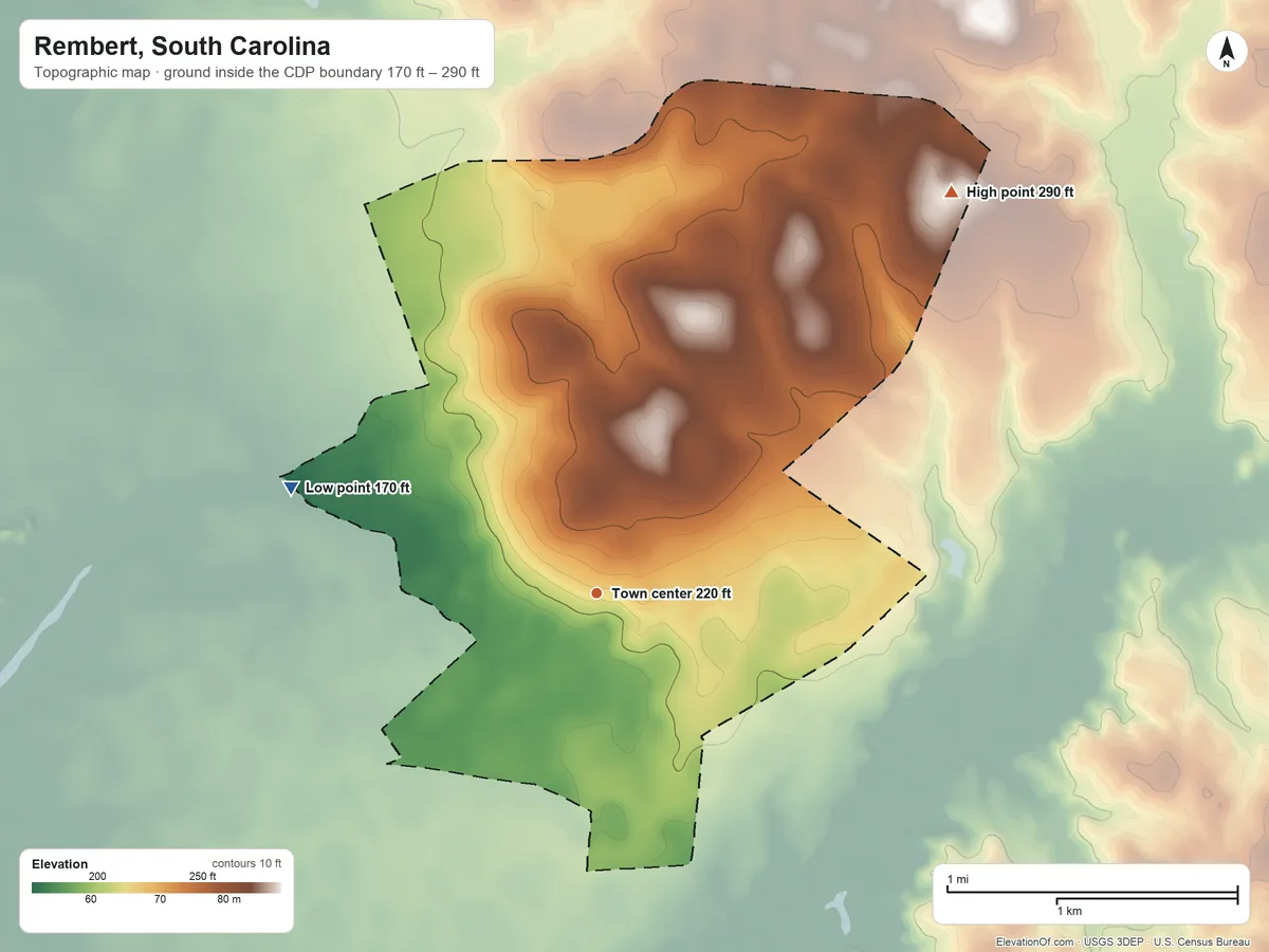 Topographic elevation map of Rembert, South Carolina, shaded from 170 ft on the west side to 290 ft on the northeast side