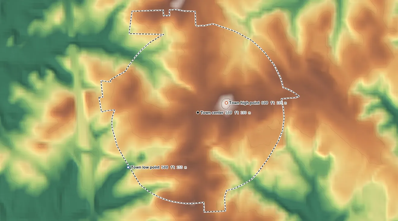 Topographic elevation map of Richburg, South Carolina, shaded from 500 ft on the southwest side to 600 ft on the east side