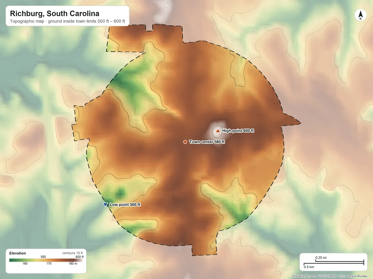 Topographic elevation map of Richburg, South Carolina, shaded from 500 ft on the southwest side to 600 ft on the east side