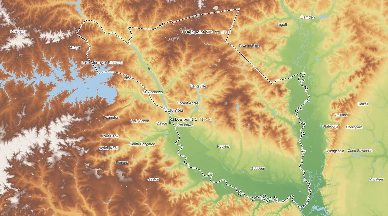 Topographic elevation map of Richland County, South Carolina, shaded from 1 ft near the middle to 570 ft on the north side