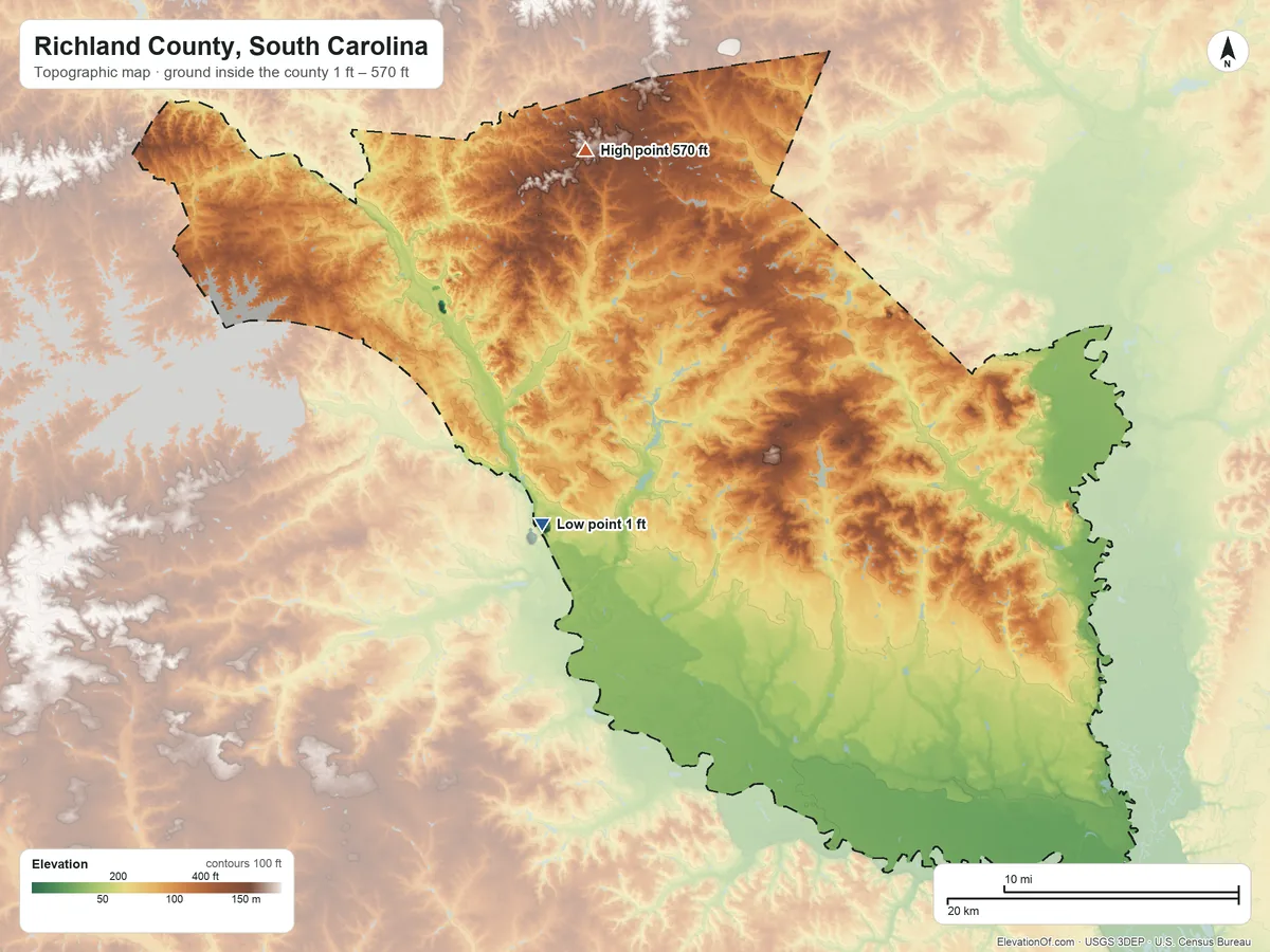 Topographic elevation map of Richland County, South Carolina, shaded from 1 ft near the middle to 570 ft on the north side