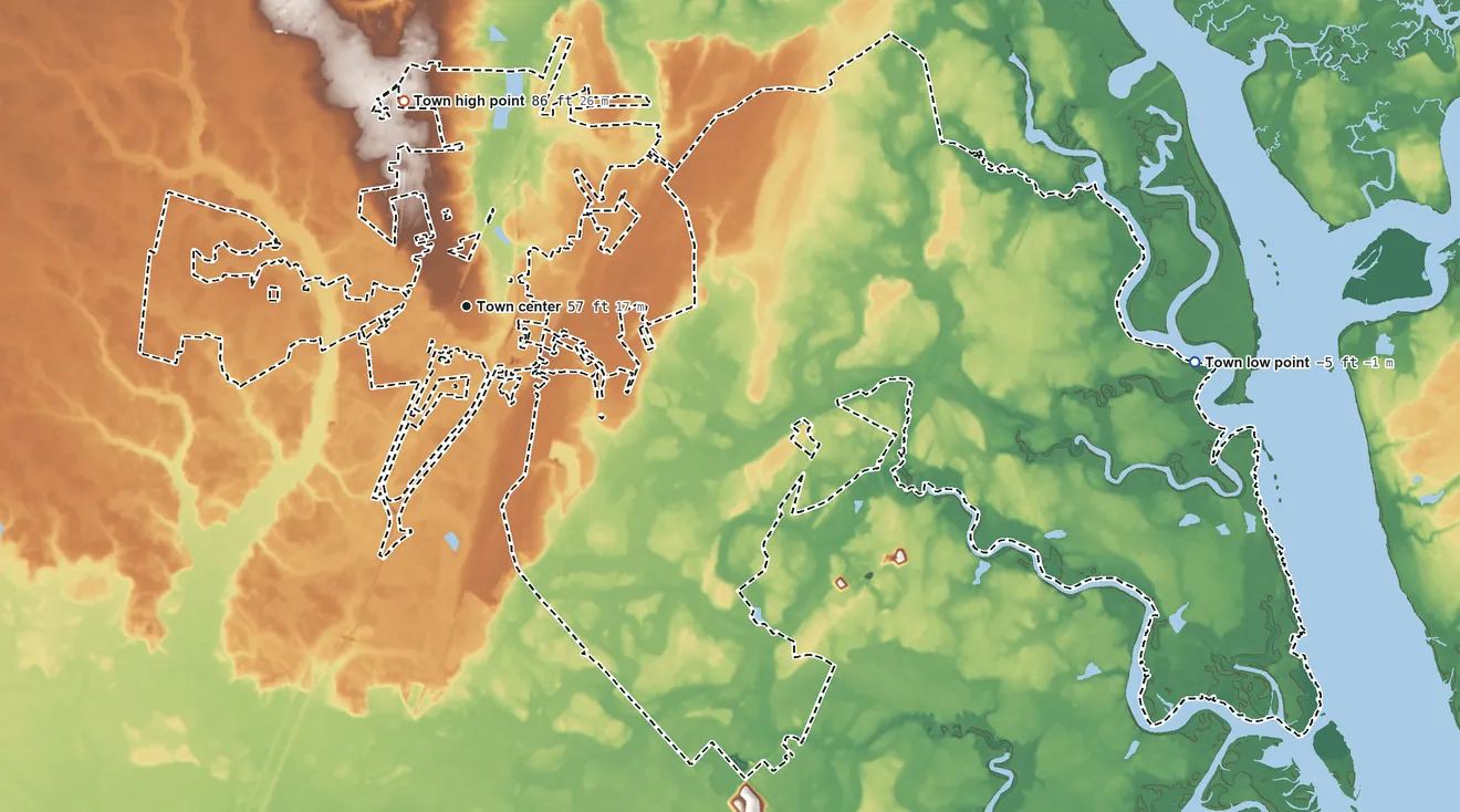 Topographic elevation map of Ridgeland, South Carolina, shaded from −5 ft on the east side to 86 ft on the north side