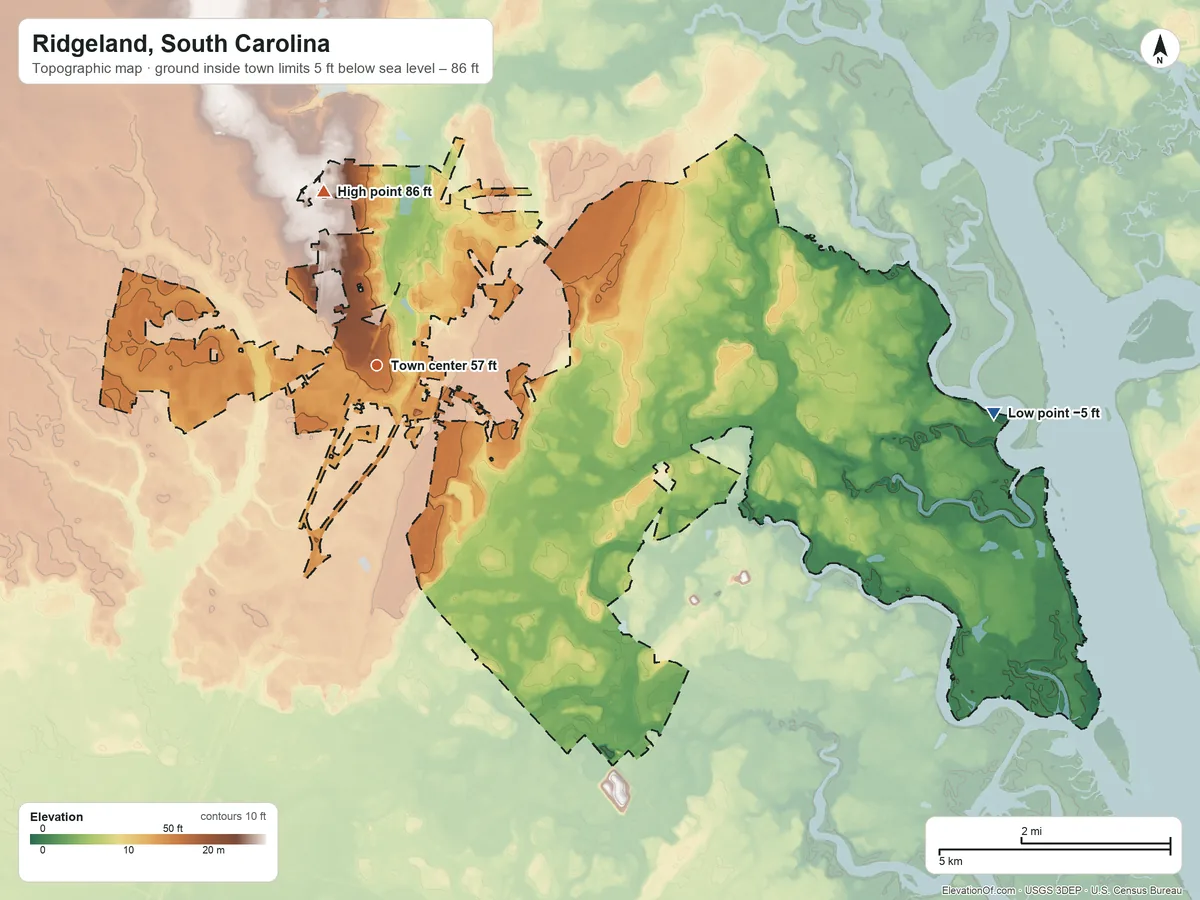 Topographic elevation map of Ridgeland, South Carolina, shaded from −5 ft on the east side to 86 ft on the north side