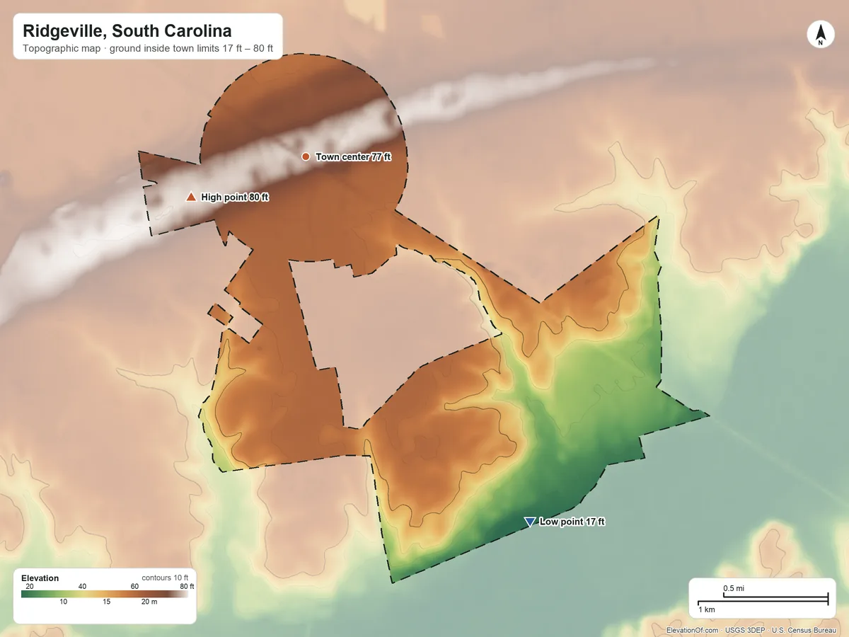 Topographic elevation map of Ridgeville, South Carolina, shaded from 17 ft on the southeast side to 80 ft on the west side