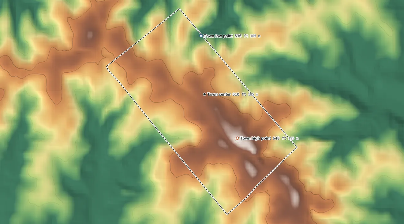 Topographic elevation map of Ridgeway, South Carolina, shaded from 530 ft on the north side to 640 ft on the southeast side