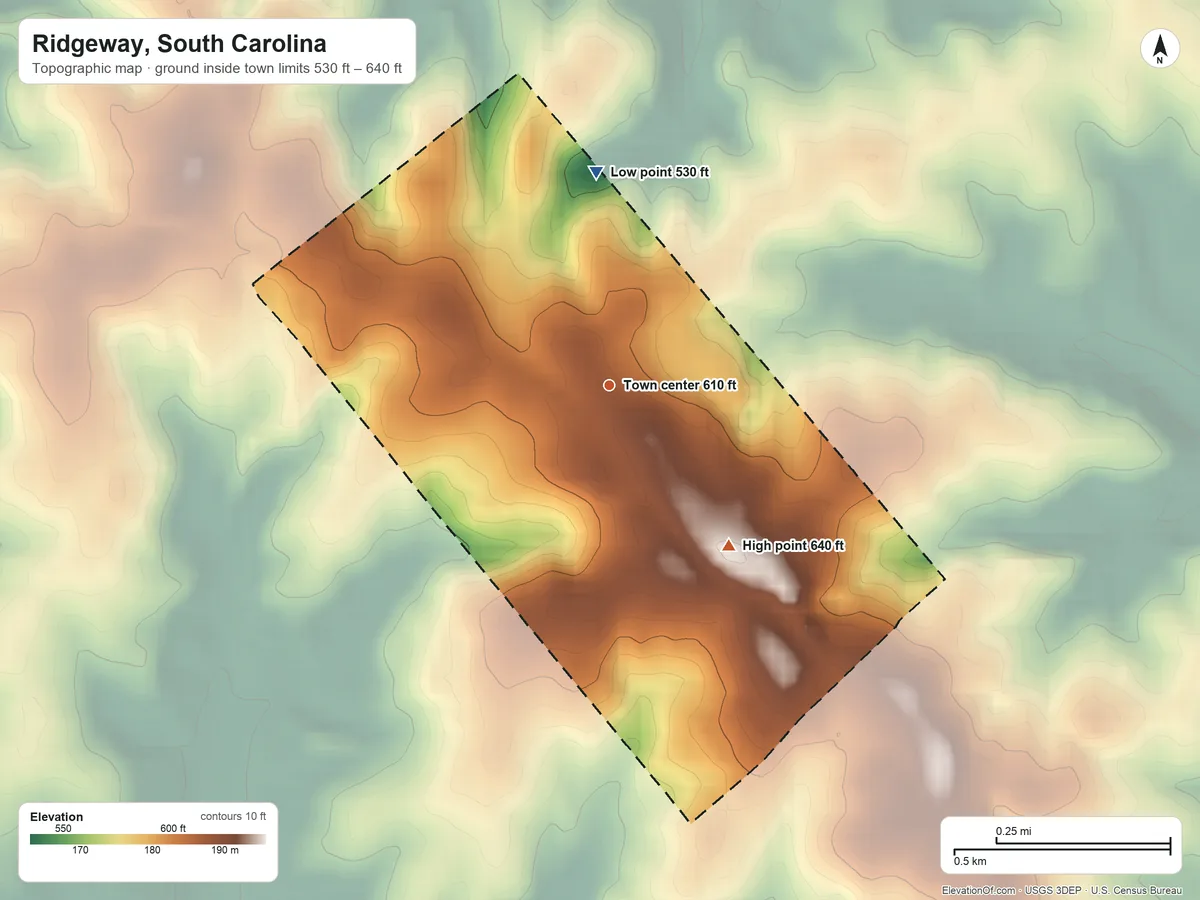 Topographic elevation map of Ridgeway, South Carolina, shaded from 530 ft on the north side to 640 ft on the southeast side