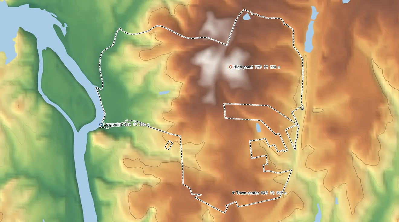 Topographic elevation map of Riverview, South Carolina, shaded from 490 ft on the northwest side to 720 ft on the north side