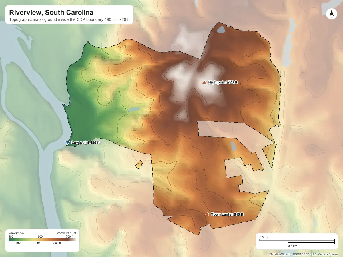 Topographic elevation map of Riverview, South Carolina, shaded from 490 ft on the northwest side to 720 ft on the north side