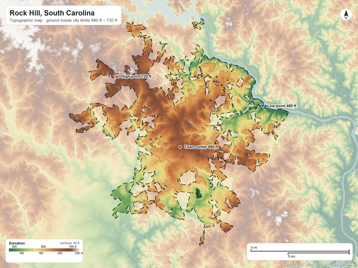 Topographic elevation map of Rock Hill, South Carolina, shaded from 480 ft on the northeast side to 720 ft on the northwest side