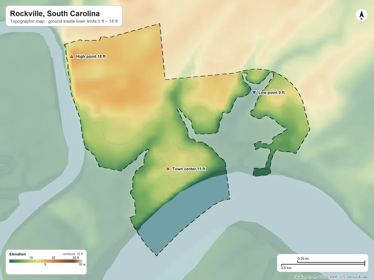 Topographic elevation map of Rockville, South Carolina, shaded from 0 ft on the northeast side to 18 ft on the northwest side