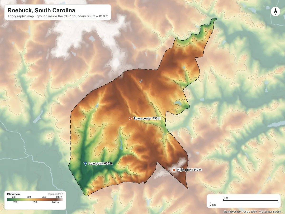 Topographic elevation map of Roebuck, South Carolina, shaded from 630 ft on the southwest side to 810 ft on the southeast side