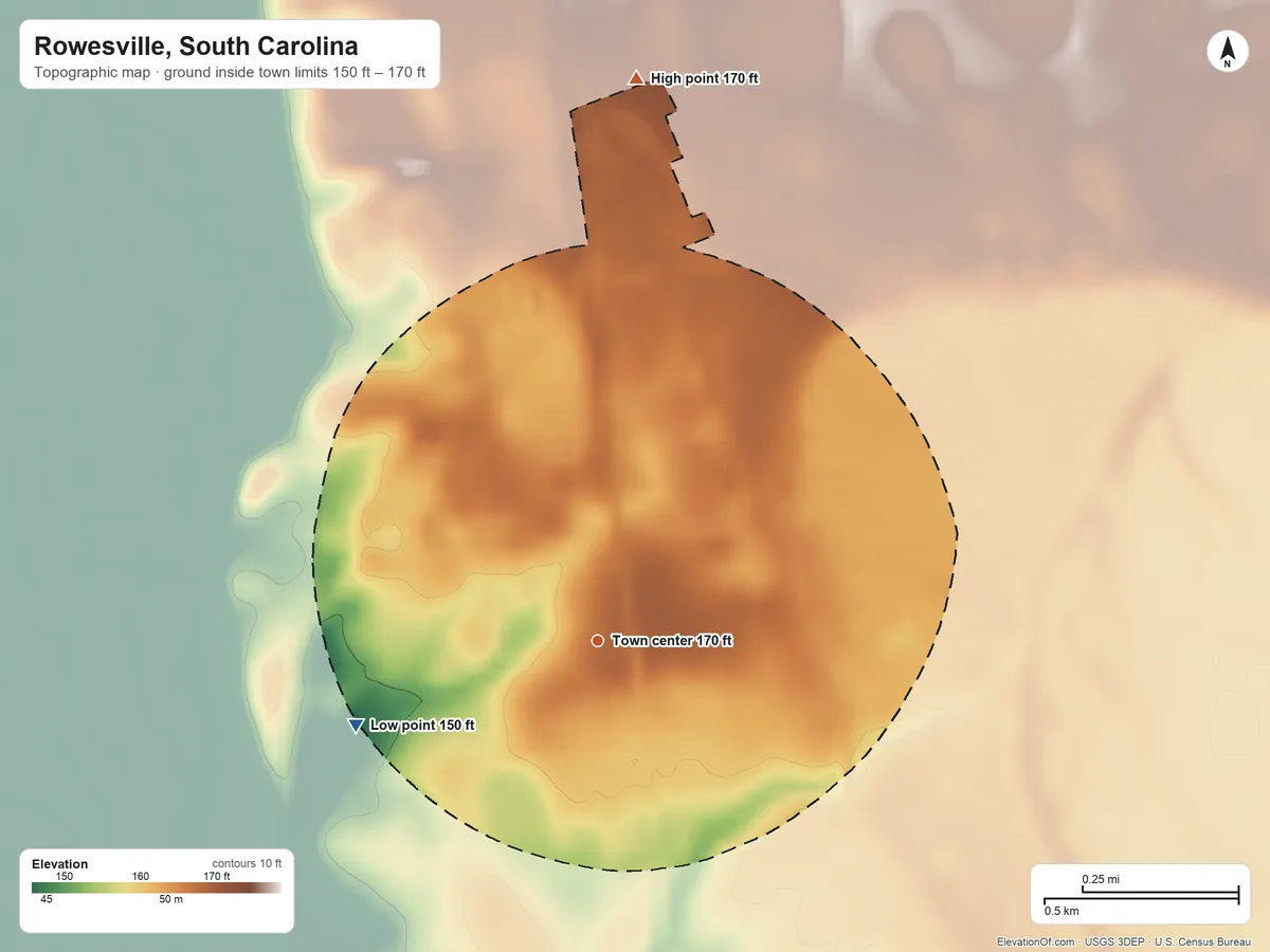 Topographic elevation map of Rowesville, South Carolina, shaded from 150 ft on the west side to 170 ft on the north side