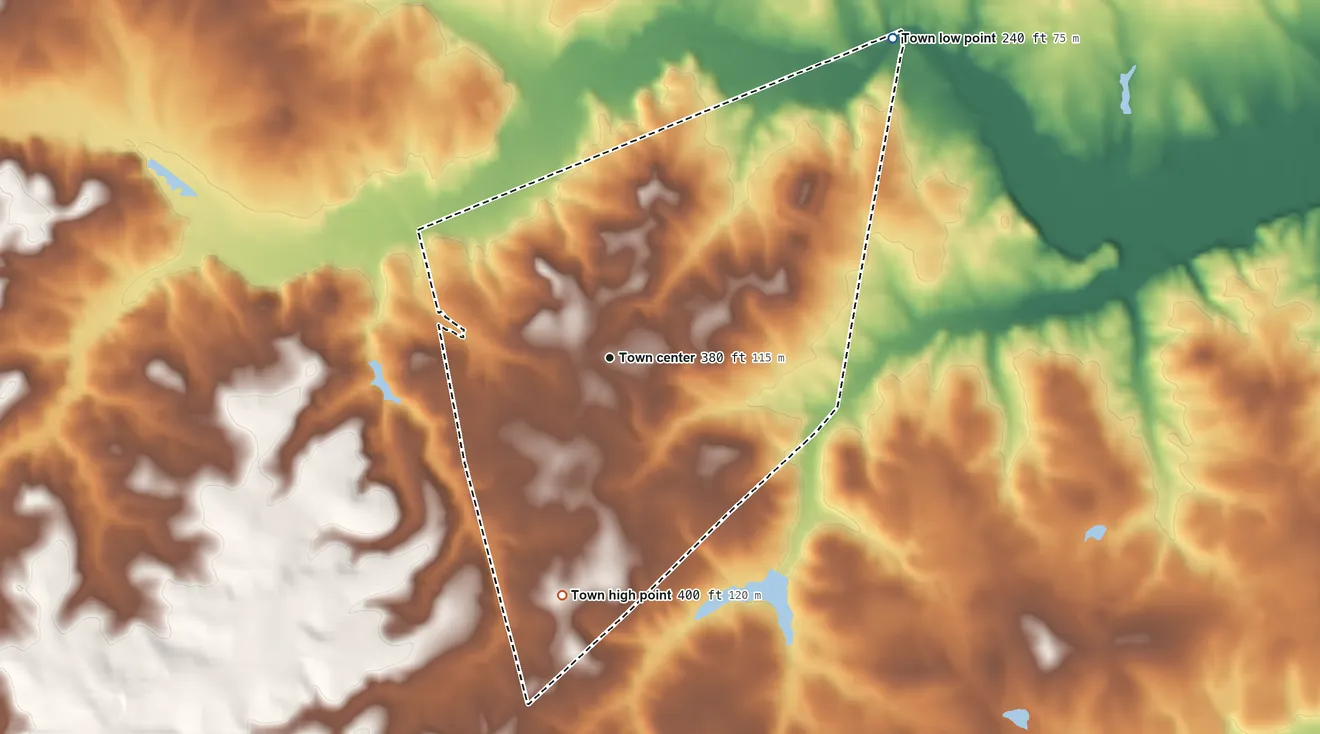 Topographic elevation map of Ruby, South Carolina, shaded from 240 ft on the northeast side to 400 ft on the south side