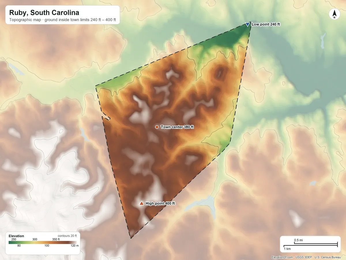 Topographic elevation map of Ruby, South Carolina, shaded from 240 ft on the northeast side to 400 ft on the south side