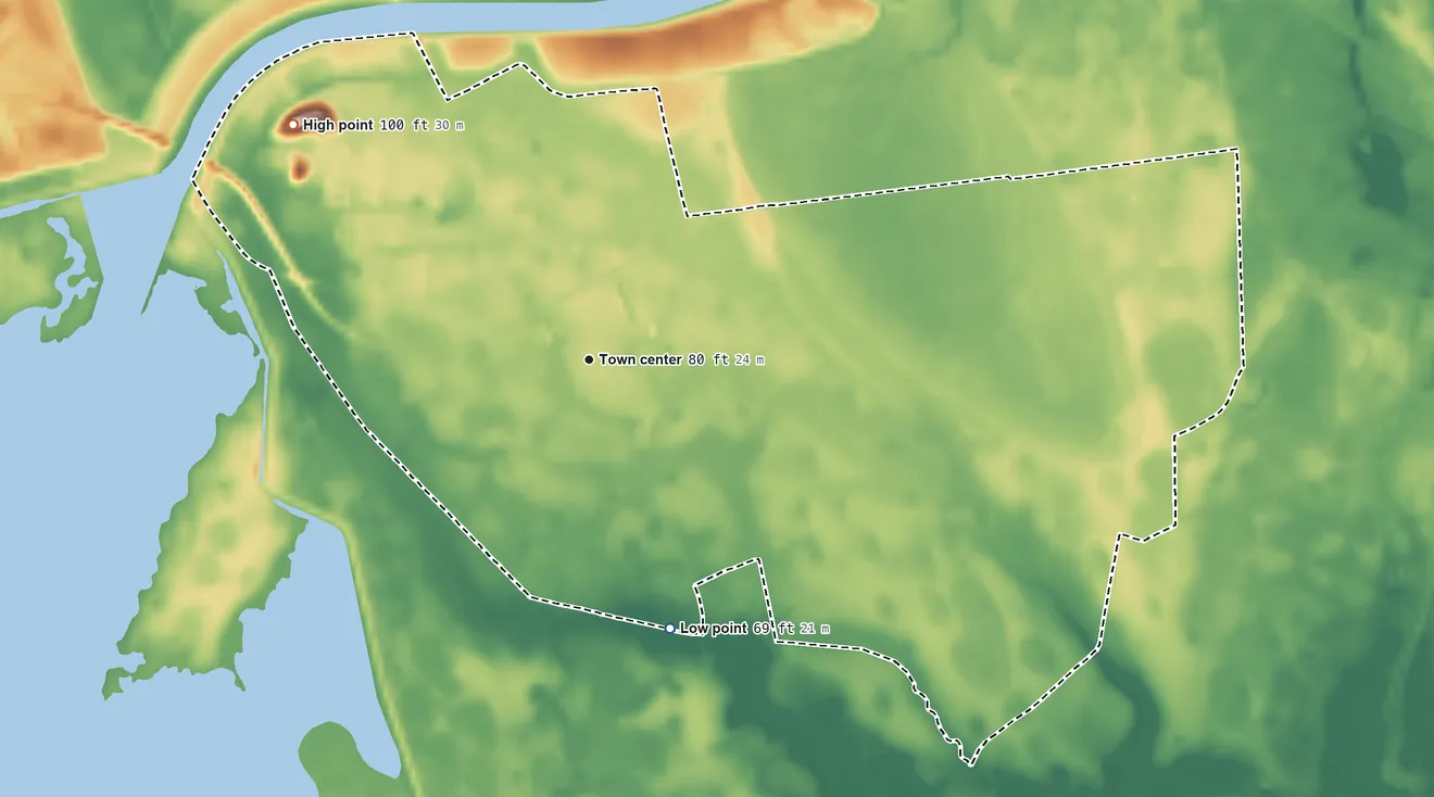 Topographic elevation map of Russellville, South Carolina, shaded from 69 ft on the south side to 100 ft on the northwest side