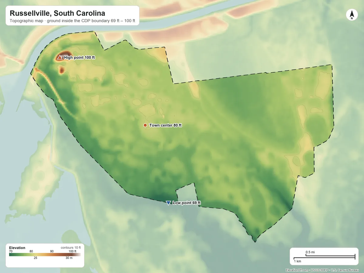 Topographic elevation map of Russellville, South Carolina, shaded from 69 ft on the south side to 100 ft on the northwest side