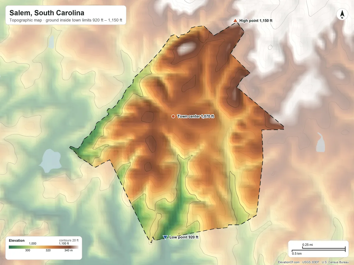 Topographic elevation map of Salem, South Carolina, shaded from 920 ft on the south side to 1,150 ft on the northeast side