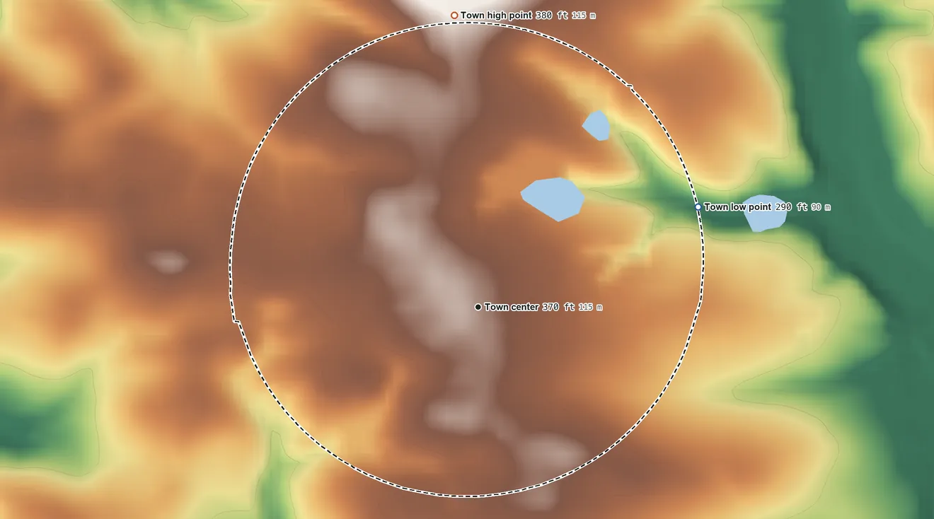 Topographic elevation map of Salley, South Carolina, shaded from 290 ft on the northeast side to 380 ft on the north side