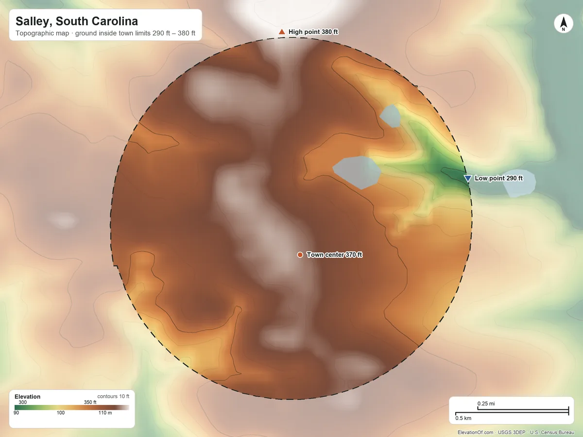 Topographic elevation map of Salley, South Carolina, shaded from 290 ft on the northeast side to 380 ft on the north side