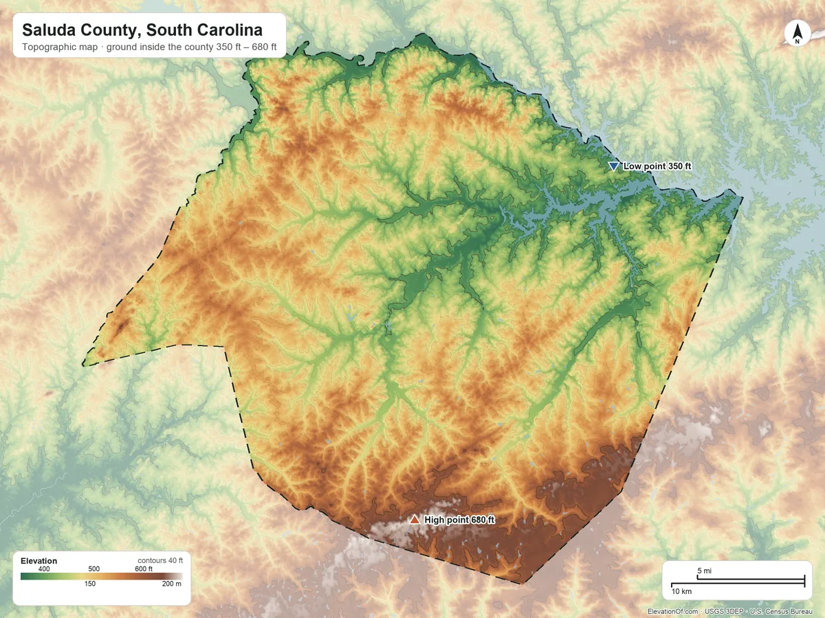 Topographic elevation map of Saluda County, South Carolina, shaded from 350 ft on the northeast side to 680 ft on the south side