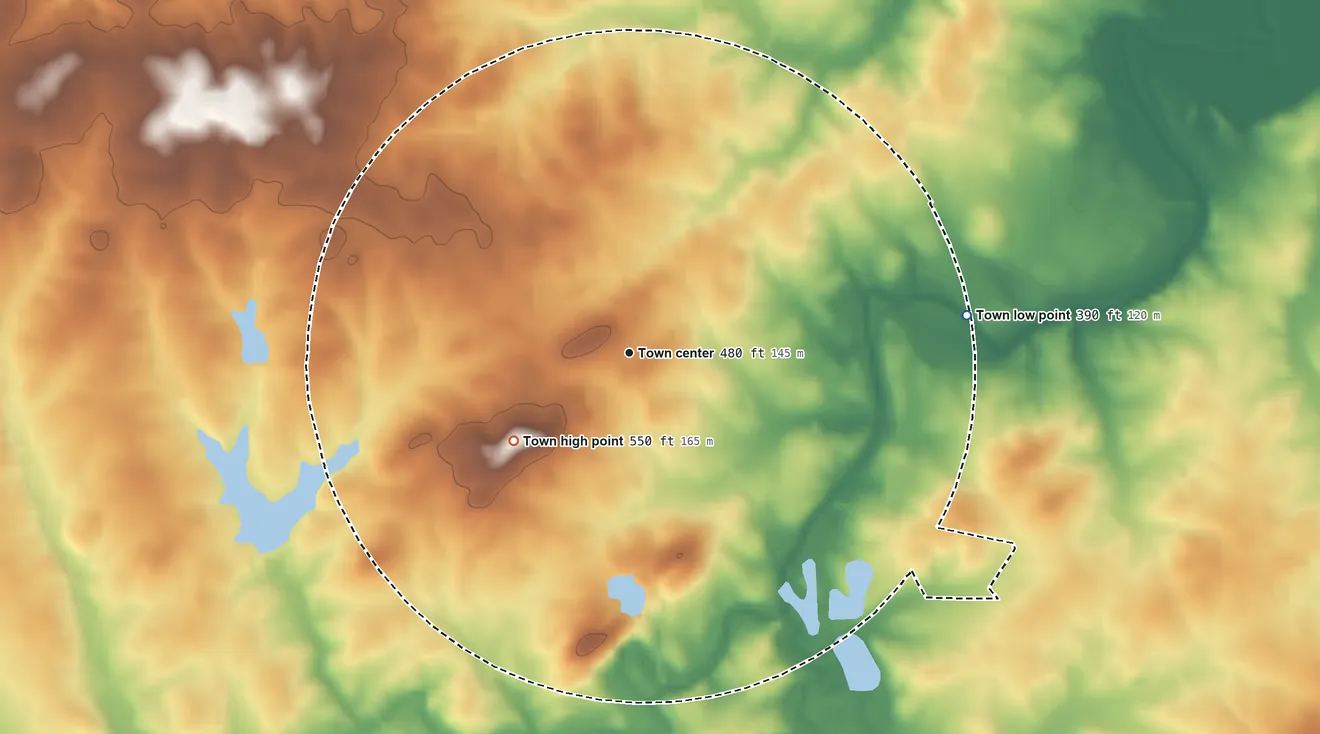 Topographic elevation map of Saluda, South Carolina, shaded from 390 ft on the east side to 550 ft on the southwest side