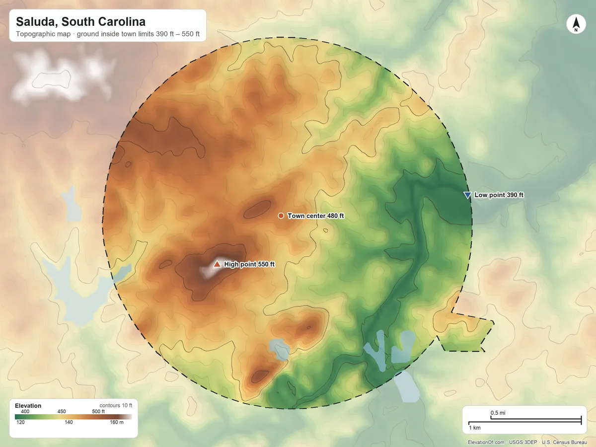 Topographic elevation map of Saluda, South Carolina, shaded from 390 ft on the east side to 550 ft on the southwest side